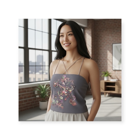 new La Rok Luxe ༄ Braided Lurex Straps Graffiti Print Silk Cami Top ༄ Gunmetal - Picture 15 of 16